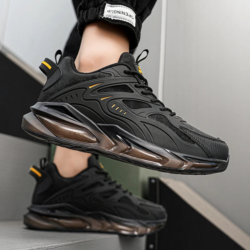 Breathable Mesh Running Shoes Lightweight Non Slip — Black With Amber Accents | KIMLUD