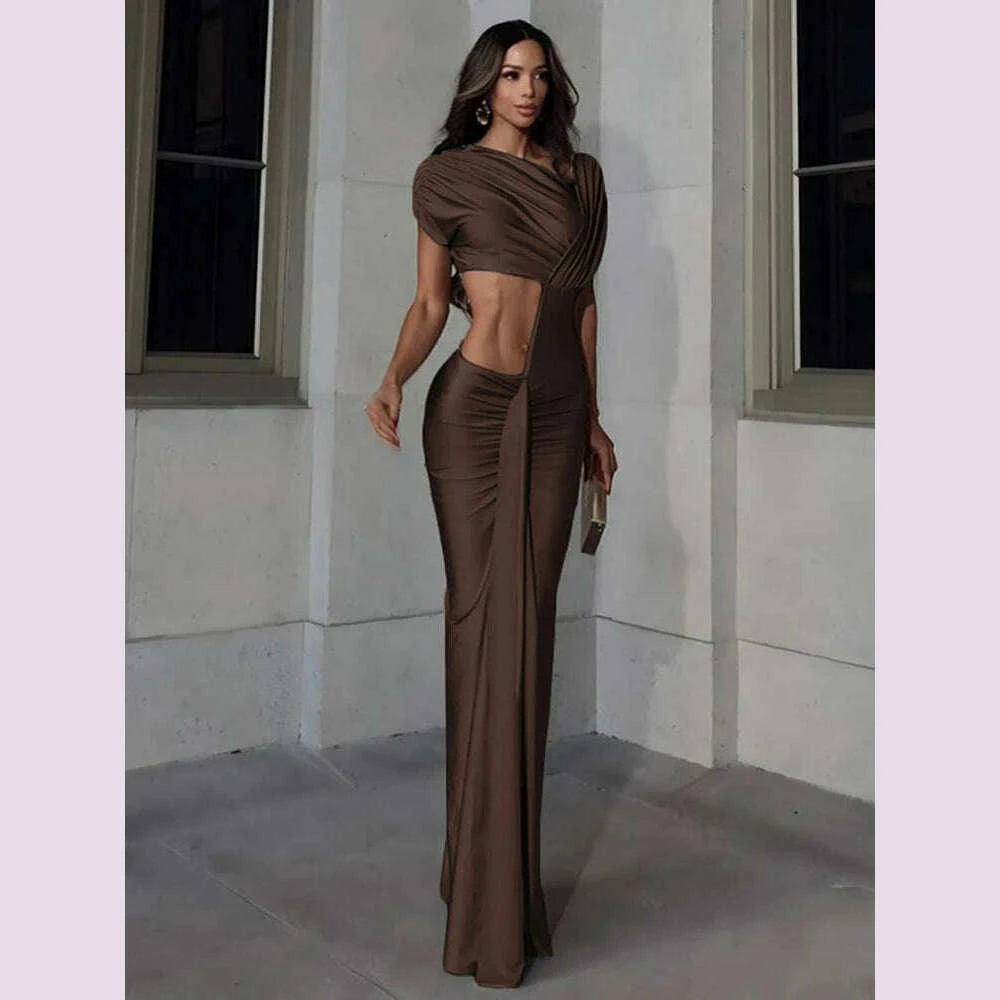 KIMLUD, Elegant Ruched Bodycon Dress - Asymmetric Collar Long Evening Dress, KIMLUD Womens Clothes
