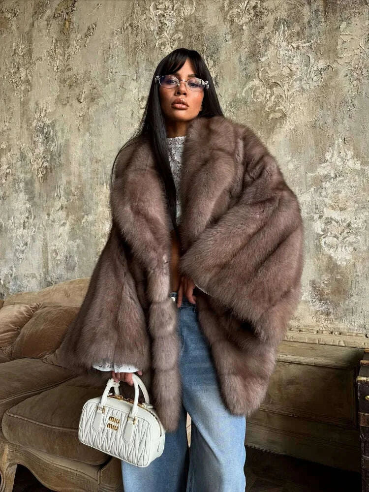 KIMLUD, Women Elegant Fake Fur Coat Bell Sleeve Lapel Suede Surface Girdle Coats Unique Luxury Temperament 2025 New Winter High Street, KIMLUD Womens Clothes