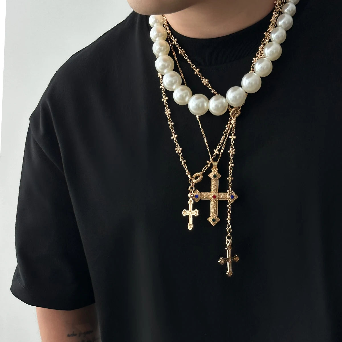 KIMLUD, IngeSight.Z Exquisite Vintage Juses Cross Pendant Men Necklace Trend Classic Imitation Pearl Choker Women Punk Party Jewelry, KIMLUD Womens Clothes