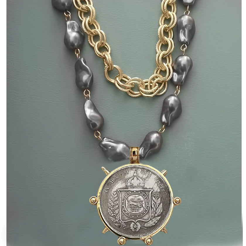Choker Necklace - Coin Charm Pendant - Cubic Zirconia - Grey | KIMLUD