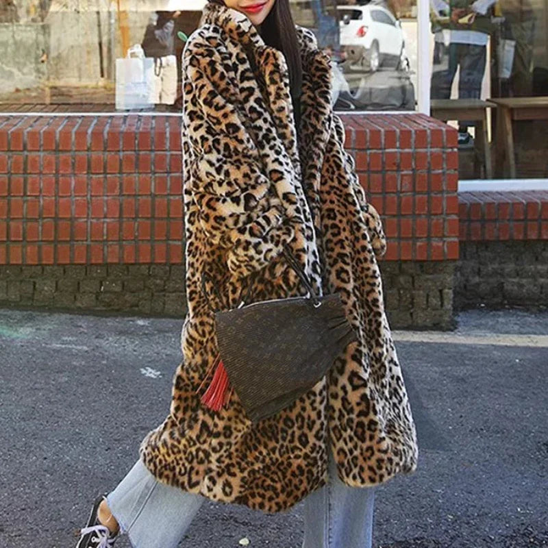 Leopard Faux Fur Women Long Coats Autumn Winter Print Jackets Turn Down Collar Maxi Punk Gothic Coat Thick Warm Open Stitch