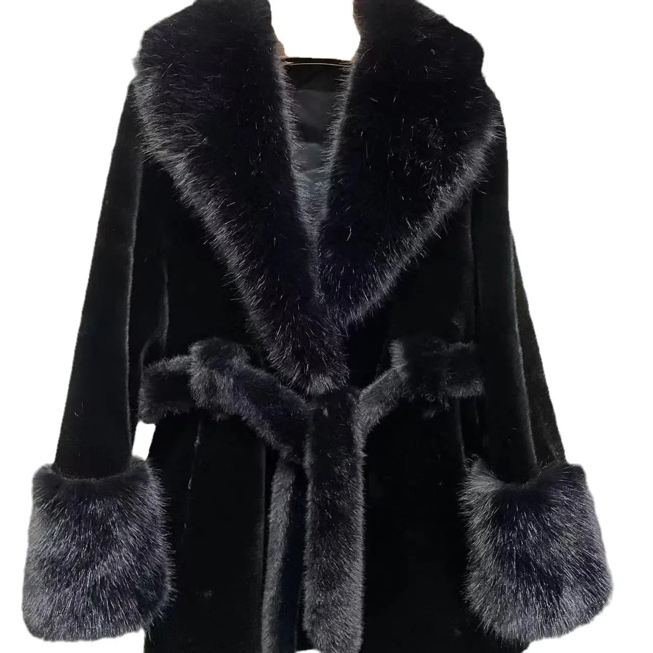 Luxury Vintage Faux Fur Coat Women Fur Collar Long Sleeve with Belt Oversized Fur Jacket Warm Thick Winter Cardigan Lady's Coats