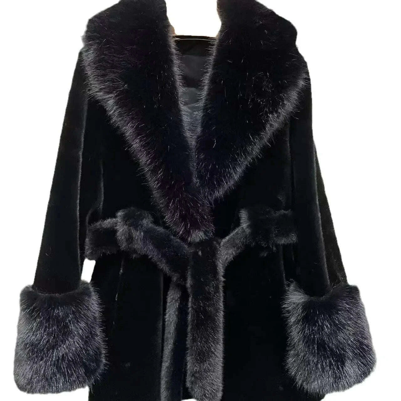 KIMLUD, Luxury Vintage Faux Fur Coat Women Fur Collar Long Sleeve with Belt Oversized Fur Jacket Warm Thick Winter Cardigan Lady's Coats, KIMLUD Womens Clothes