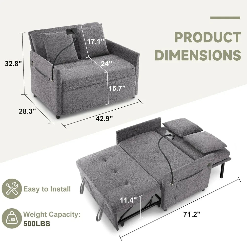 Boucle Sleeper Sofa Bed With USB Type-C Ports And 3-In-1 Convertible Backrest — Dark Grey | KIMLUD