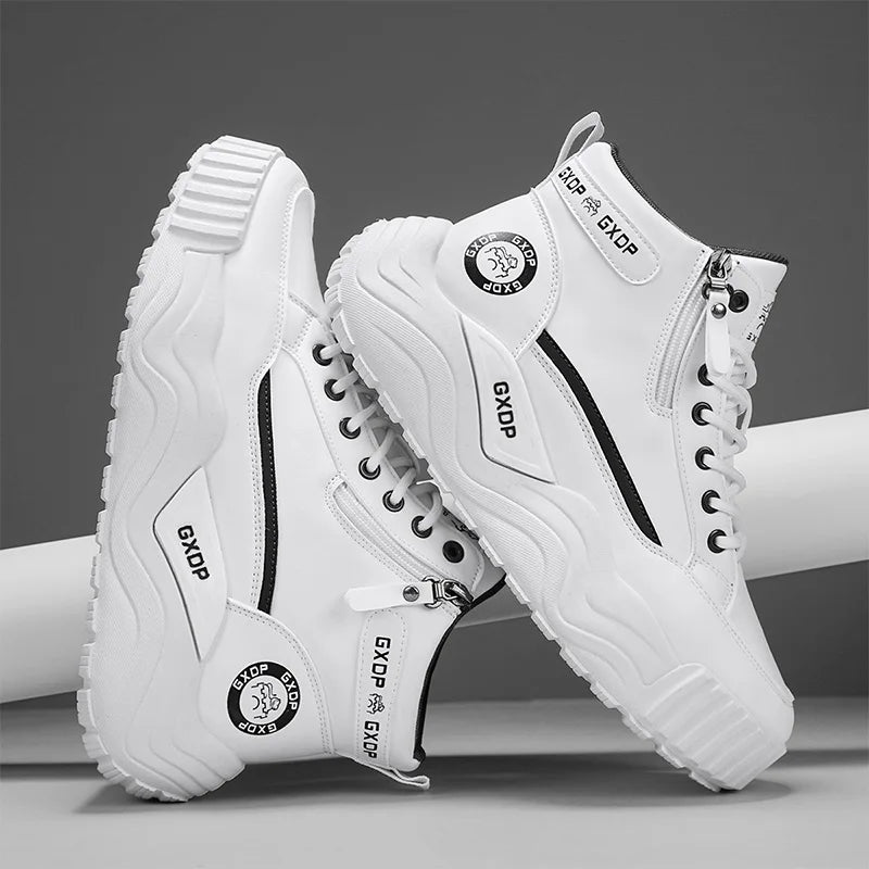Men's High Top Leather Sneakers Thick Soled for Height Increase Slip Resistant and Wear Resistant Versatile Casual Sports Shoes