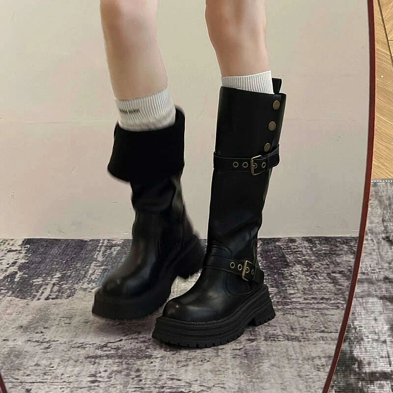 KIMLUD, Winter Vintage Platform Thick Sole Woman Knight High Boots Concise Belt Buckle Front zipper Shoes Ladies Slim Modern Long Botas, KIMLUD Womens Clothes