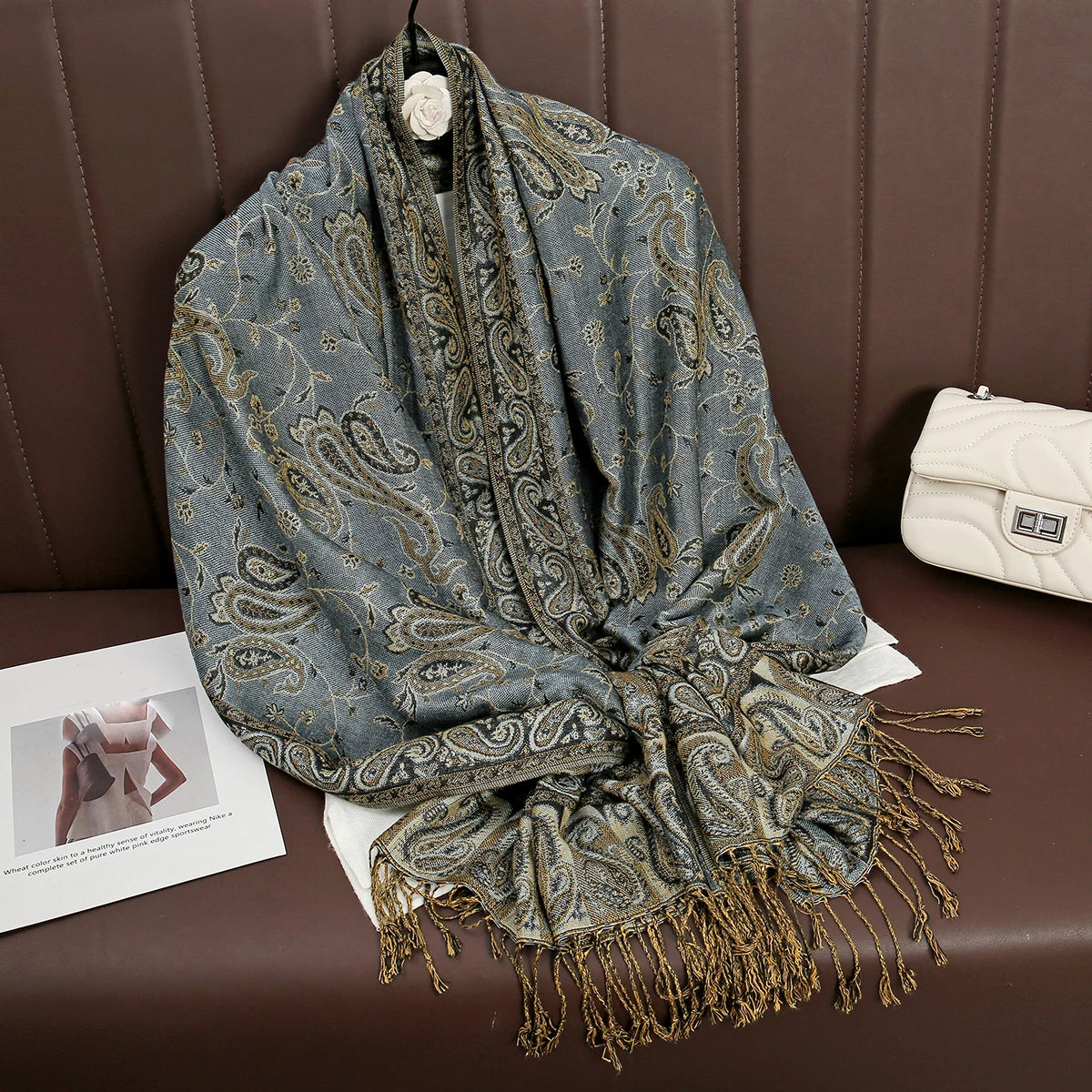 Cashmere Pashmina Shawl With Autumn Print Design, Olive Accents And Gold-Toned Fringe — Red | KIMLUD