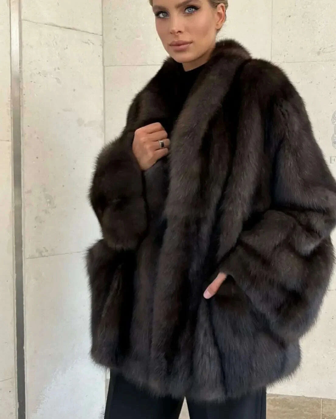 KIMLUD, Women Thick Faux Fur Coat Lapel Hidden Button Loose elegant lady Outerwear 2025 Fashion Female Street Commute Overcoat New, KIMLUD Womens Clothes