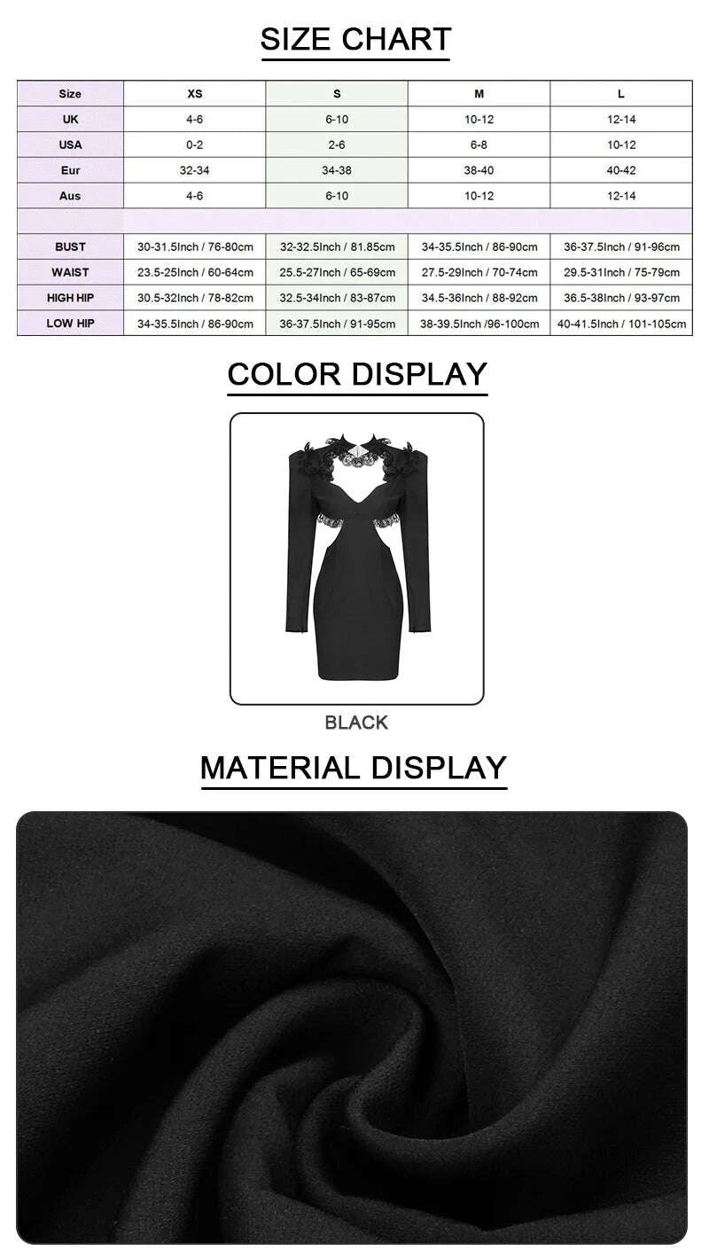 KIMLUD, VC Elegant Dresses For Women Dinner Party Wear Long Sleeve Waist Cut Out Patchwork Lace Black V Neck Mini Dress Gown, KIMLUD Womens Clothes