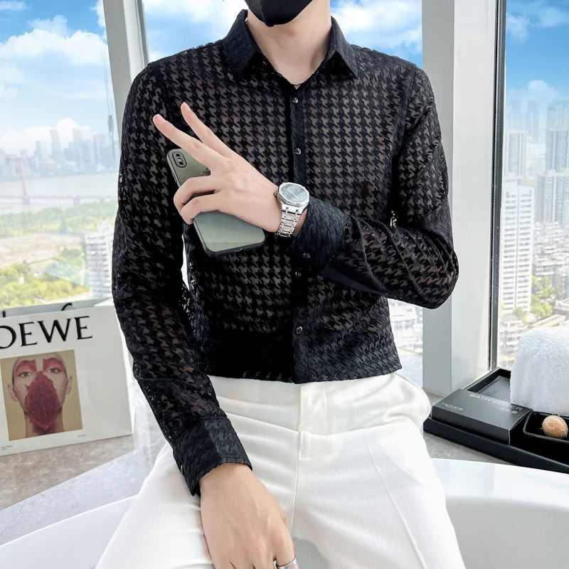Mesh Transparent Long Sleeve Shirt Plaid Print, See-Through Mesh Texture, Sleek Slim Fit — Black | KIMLUD