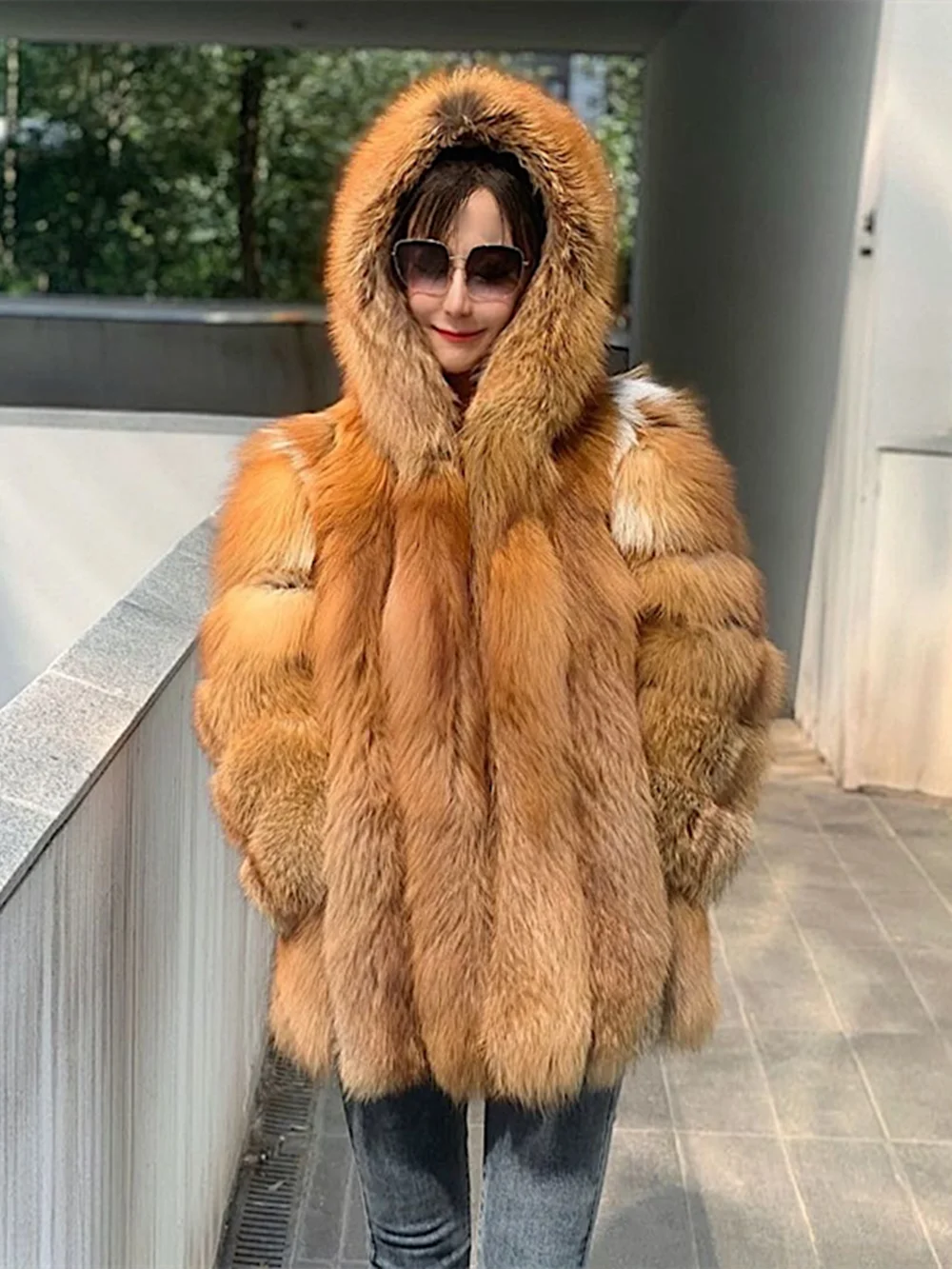 KIMLUD, Real Red Fox Fur Jacket With Hood Women Plus Size Long Sleeves Winter Luxury Female Hooded Fox Fur Coat With Collar, KIMLUD Womens Clothes