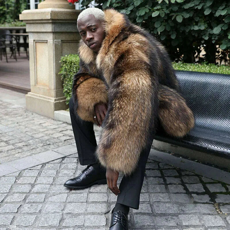 KIMLUD, JANEFUR Men's Winter Raccoon Coat Thick Collar Warm Coat Real Raccoon Fur Coat Luxury Fashion, KIMLUD Womens Clothes