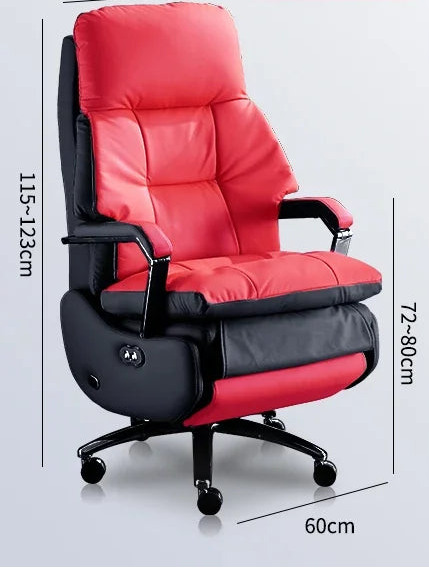 Red and black office chair with features and specifications on a white background