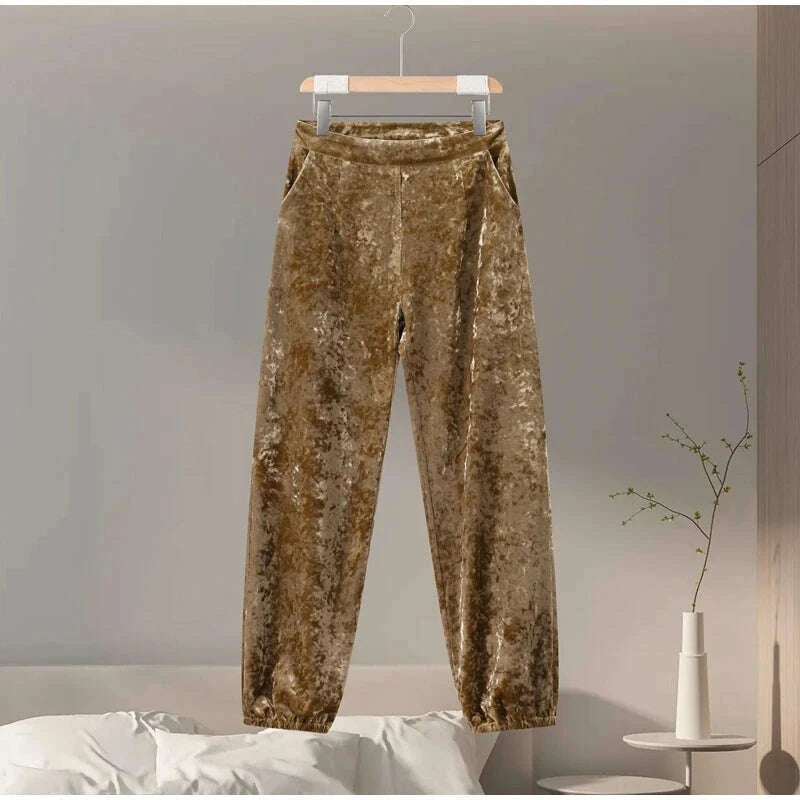 KIMLUD, Fashion Velvet Print Lapel Belt Suit Pant Set Women Solid Lace Up Full Sleeve Blazer Wide Leg Cuffed Pants 2025 Autumn Lady Sets, KIMLUD Womens Clothes