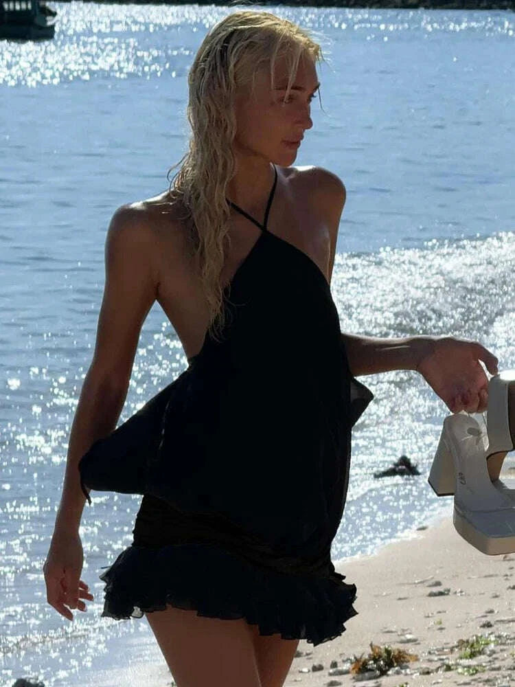 KIMLUD, VC Edgy Black Halter Sleeveless Mini Dress Gown with Open Back for Trendy Parties, KIMLUD Womens Clothes