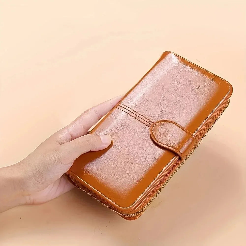 Oil-Wax PU Leather Clutch Wallet Large Capacity Phone Purse — Burgundy | KIMLUD