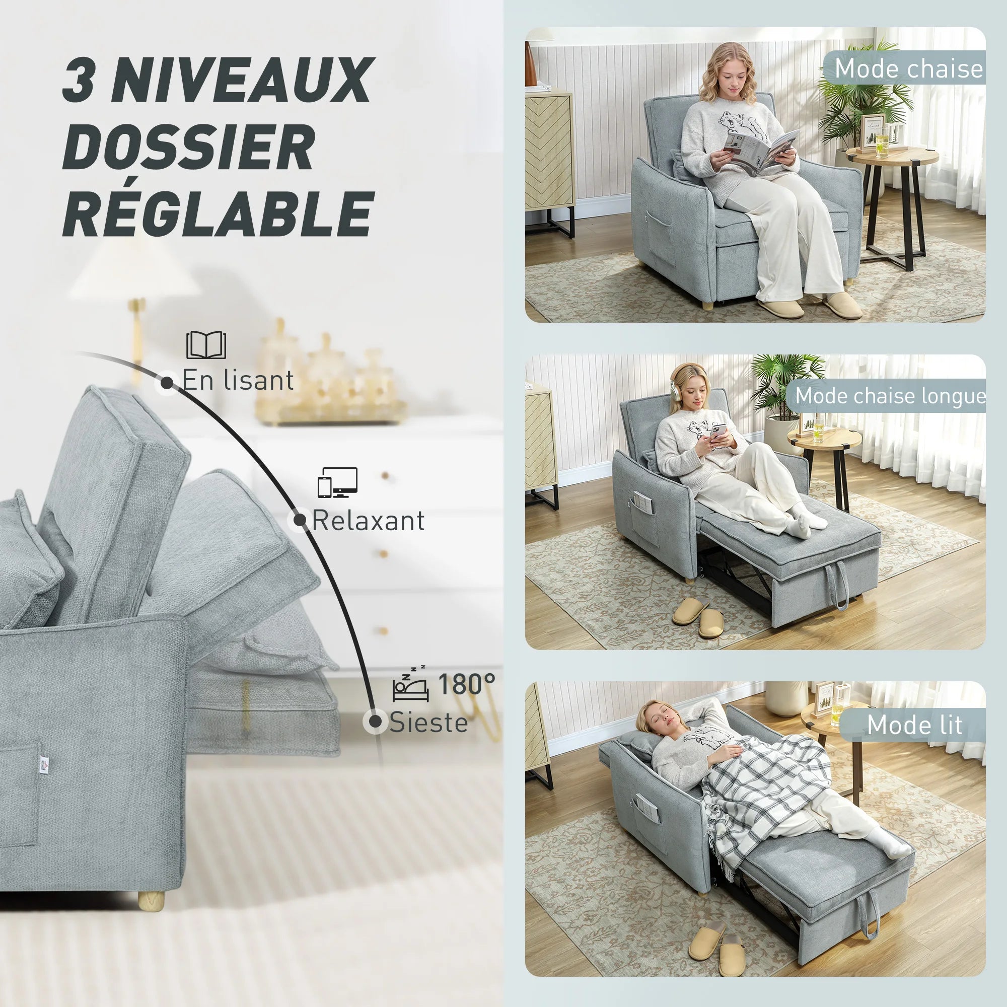 Textured Fabric Armchair 3-in-1 Convertible With Wide Seat — Dusty Blue-Gray | KIMLUD