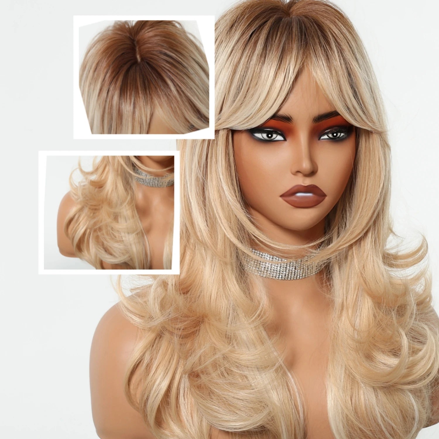 Golden Blonde Mixed Synthetic Wig Dark Root Wavy Hair With Side Bangs for Women Daily Party Cosplay wig Heat Resistant Fiber