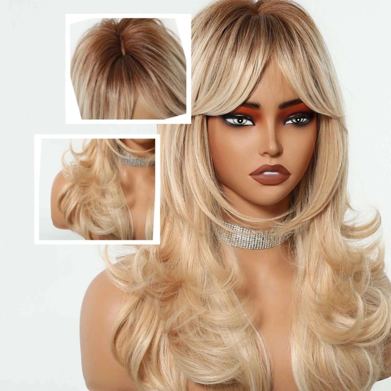 KIMLUD, Golden Blonde Mixed Synthetic Wig Dark Root Wavy Hair With Side Bangs for Women Daily Party Cosplay wig Heat Resistant Fiber, KIMLUD Womens Clothes