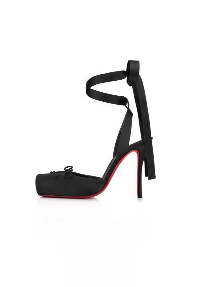 New ballet red soled high heels satin ribbon French bow women's shoes rose red cross strap sandals