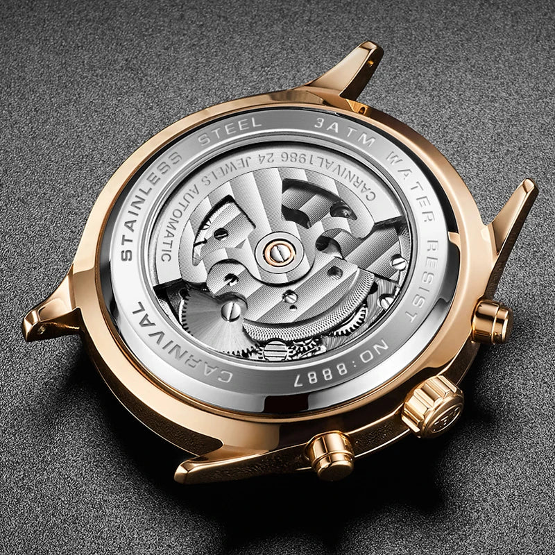 CARNIVAL Skeleton Tourbillon Watches Men Fashion Casual Waterproof Men Rose Gold Automatic Mechanical Watch Relogios Masculino