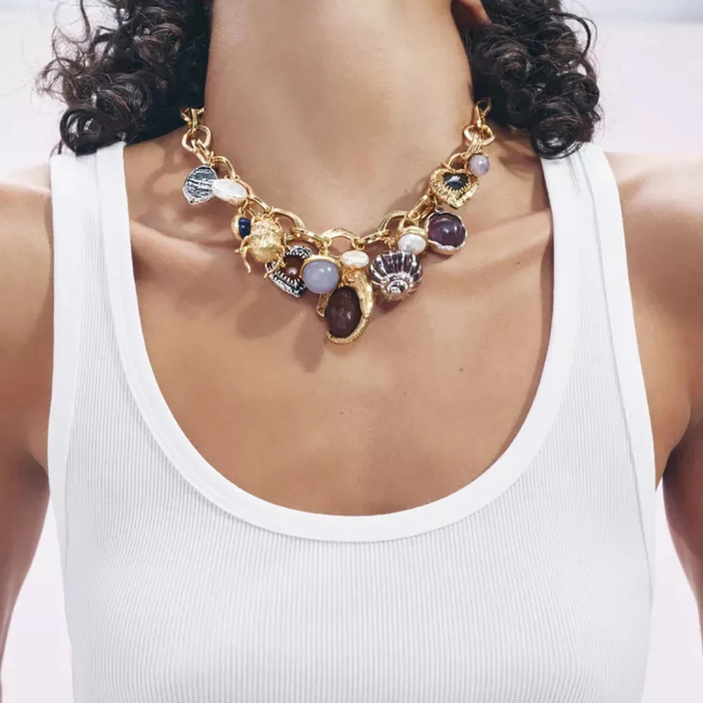 Best Lady ZAA Luxurious Animal Jewelry Pendant Necklace and Earrings Set, Bohemian Resin Gemstone Necklace, Party Jewelry