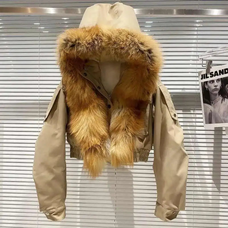 DEAT 2023 Balck Winter Women New Fur Collar Liner Real Rabbit Hair Multi Pocket Short Jacket Cotton Hooded Casual Coat RC235