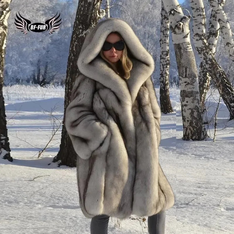 Fox Fur Coat – Hooded Full Pelt Fox Fur – Cotton Fabric | KIMLUD