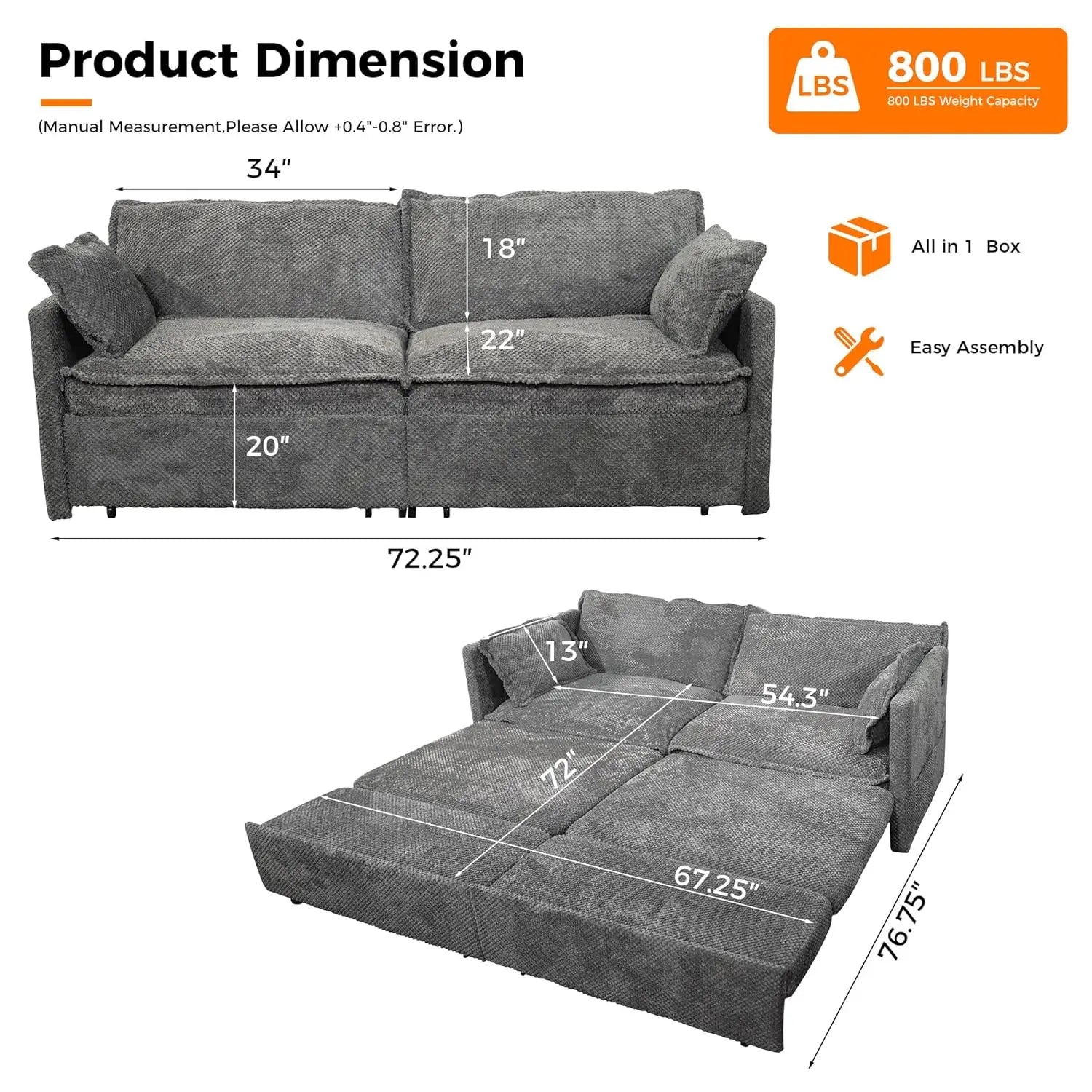Corduroy Convertible Sofa Bed 3-in-1 — Grey | KIMLUD