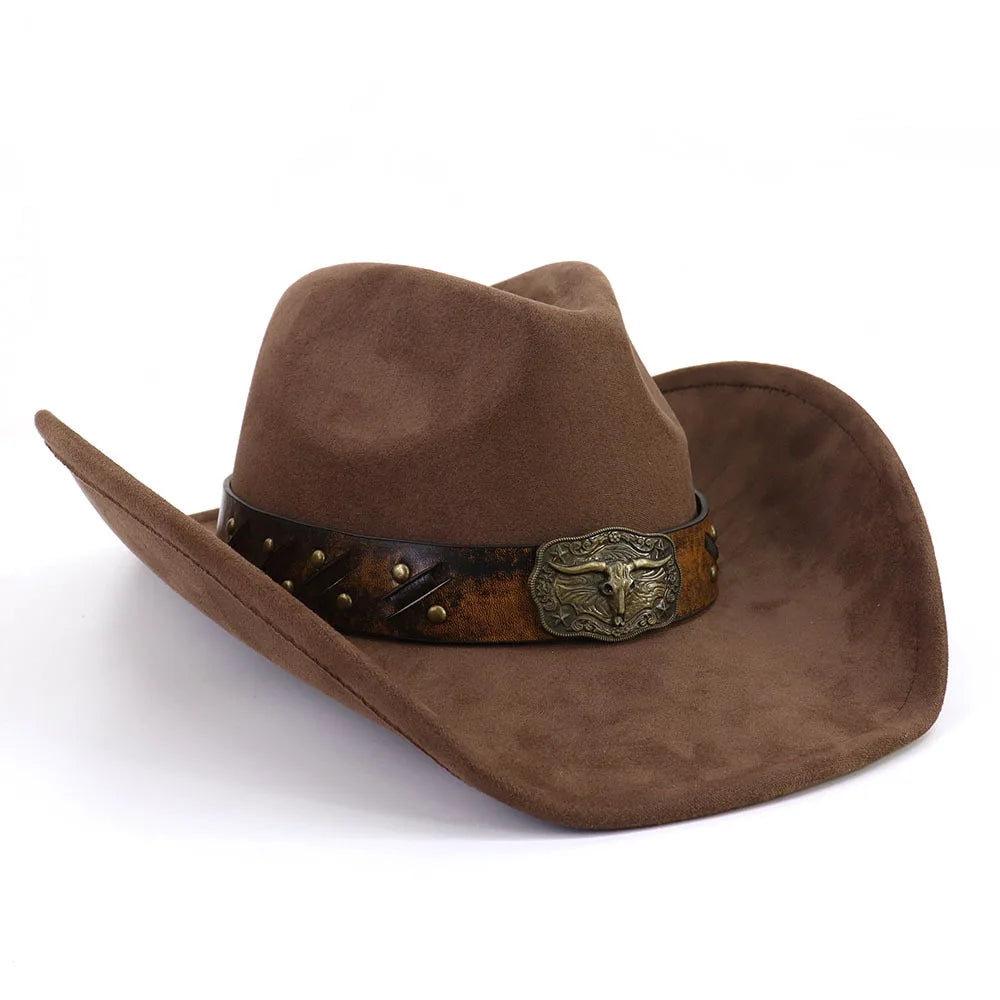 Leather Band Suede Cowboy Hat Big Brim Bull's Head — Brown | KIMLUD