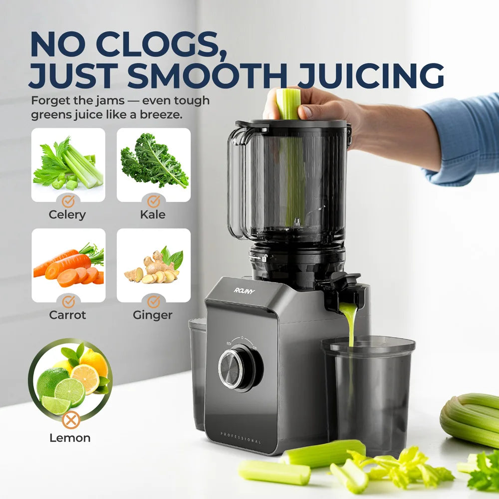 ROUNY Cold Press Extractor with Filter-Free, Easy Clean Electric Fruit Slow Juicer Machine with Large Feed Caliber, Black