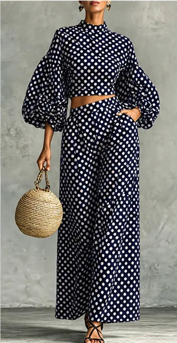 Two-Piece Polka Dot Trousers Suit – Wide-Leg – Synthetic Fiber | KIMLUD