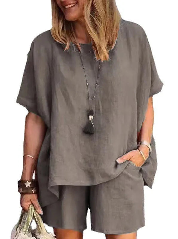 Cotton-Linen Two-Piece Set Plus Size Relaxed-Fit Short-Sleeve Top And Shorts — Steel-Blue | KIMLUD
