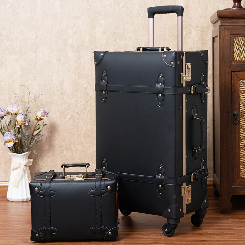 Classic Retro Suitcase 20/24/26inch PP+PC Travel Suitcase Large Capacity Handmade Leather Suitcase Travel Set with Makeup Case