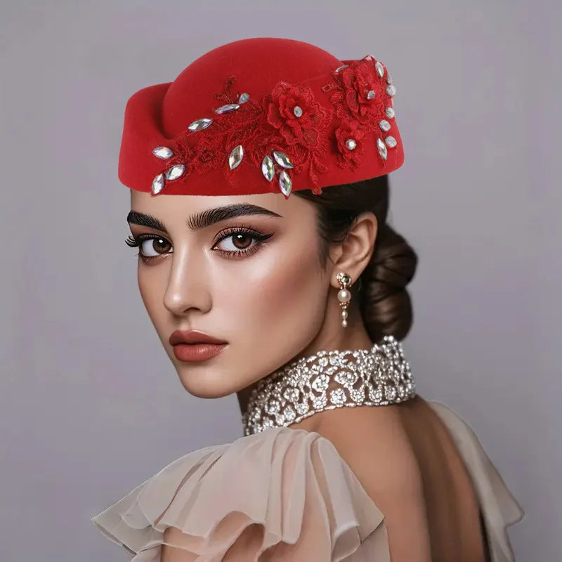 Beret Hat – Flower Embellishment – Polyester – Red and White | KIMLUD