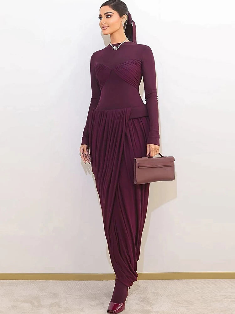 Mesh Patchwork Ruched Slit-Hem Dress — Burgundy | KIMLUD