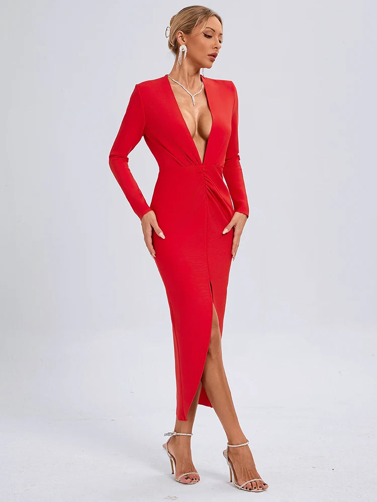 VC Sexy Red Deep V Plunge Long Sleeves Ruched Bandage Dress Women Pleated Bodycon Maxi Long Evening Party Club Gown