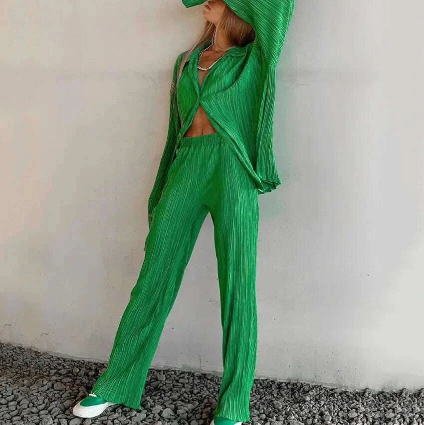 KIMLUD, 2023 Spring Summer Best Seller Solid Color Draped Loose Fit Smooth Pleated Women's Casual 2-Piece Set Stock Available, KIMLUD Womens Clothes