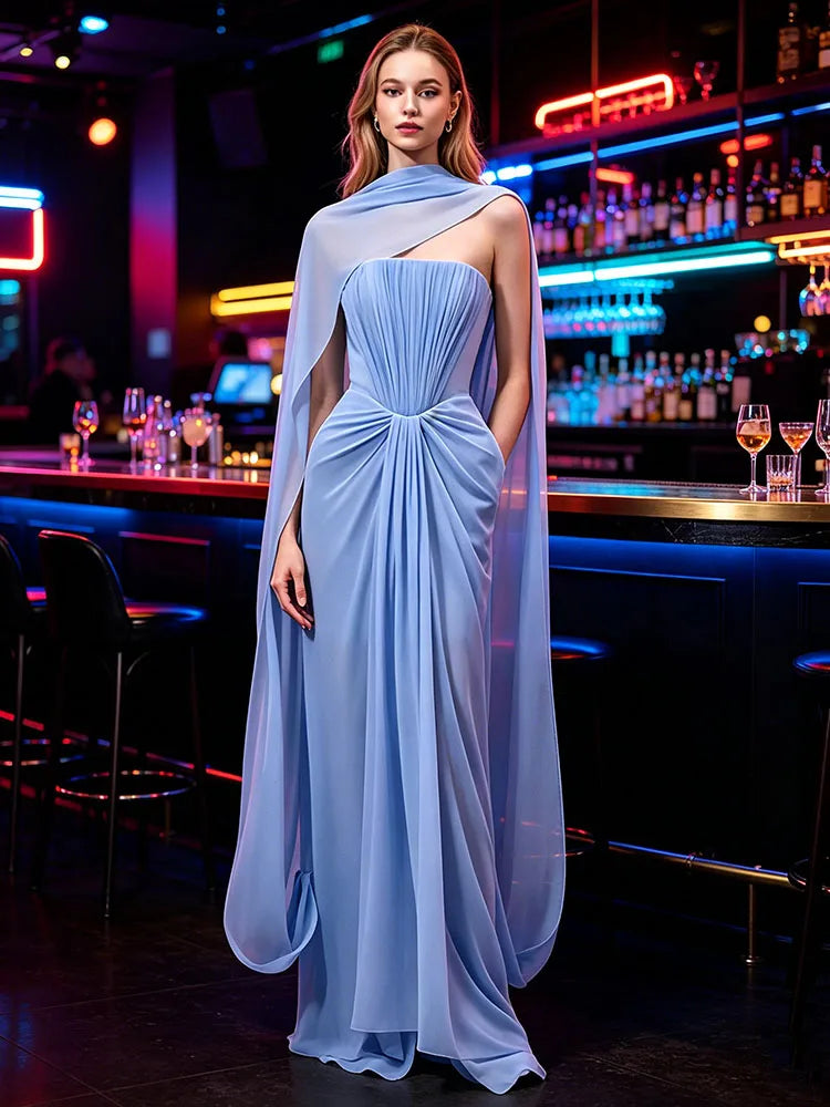 Evening Dress – Strapless Pleated Ruched – Polyester – Light Blue | KIMLUD
