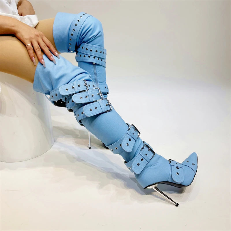 New Women's Denim Metal Rivet Buckle Sandals Women's Sexy Punk Style Pointed Hollow Metal 11cm High Heel Knee High Boots Size43