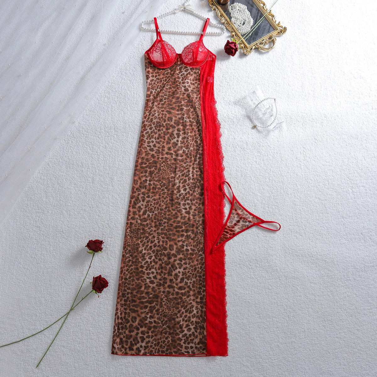 Leopard Print Lace Sleep Set With High Slit — Beige | KIMLUD