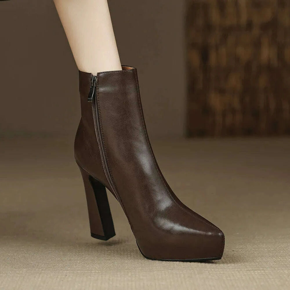 KIMLUD, MILI-MIYA New Arrival Middle Splicing Women Cow Leather Ankle Boots Pointed Toe Thick Heels Zippers Solid Color Handmade, KIMLUD Womens Clothes