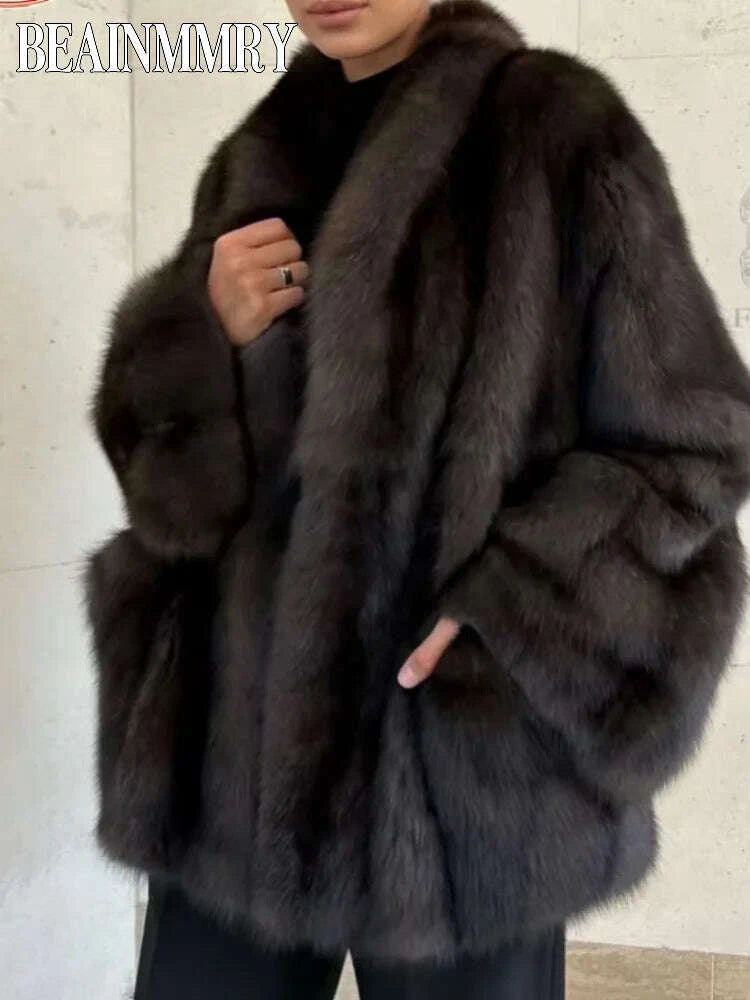 KIMLUD, Women Thick Faux Fur Coat Lapel Hidden Button Loose elegant lady Outerwear 2025 Fashion Female Street Commute Overcoat New, KIMLUD Womens Clothes