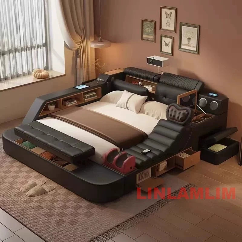 Luxury Tech Smart Multifunctional Bed with Massage Chair, Bluetooth Speakers, Projector, USB – Modern Upholstered King Size Bed