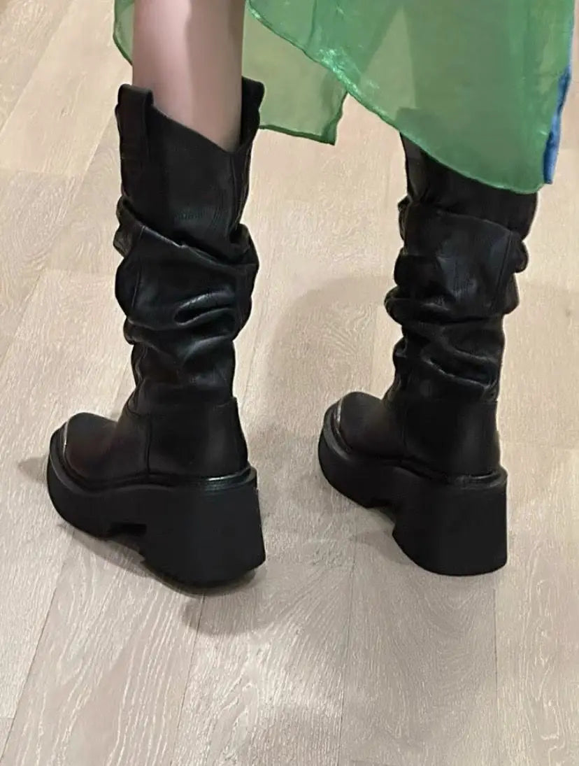 Genuine Leather Riding Boots Mid-Calf — Black | KIMLUD