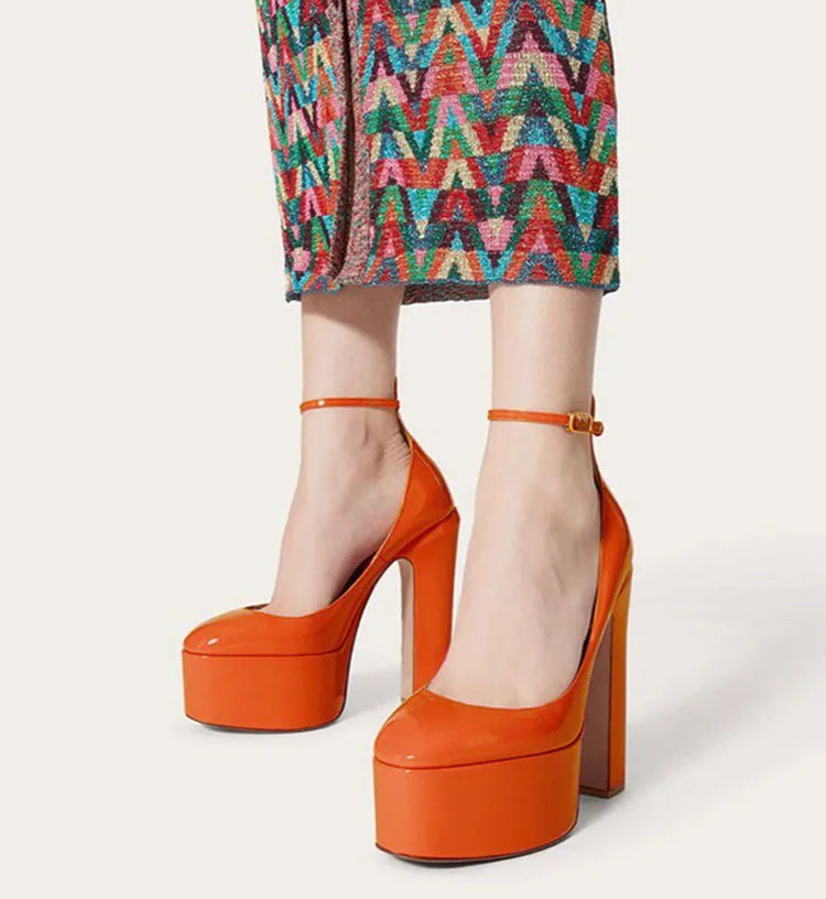 Women New European And American Style Super High Heels Patent Leather Round Toe Thick Sole Large Size Thick Heel Shoes