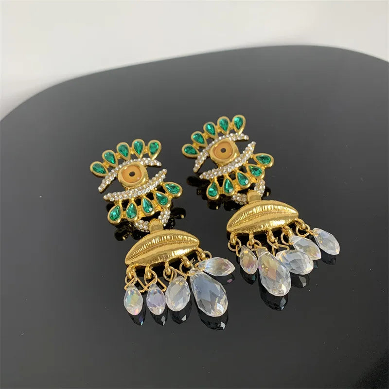 European and American medieval accessories vintage eye tassels light luxury high-end earrings French fashion devil eye earrings