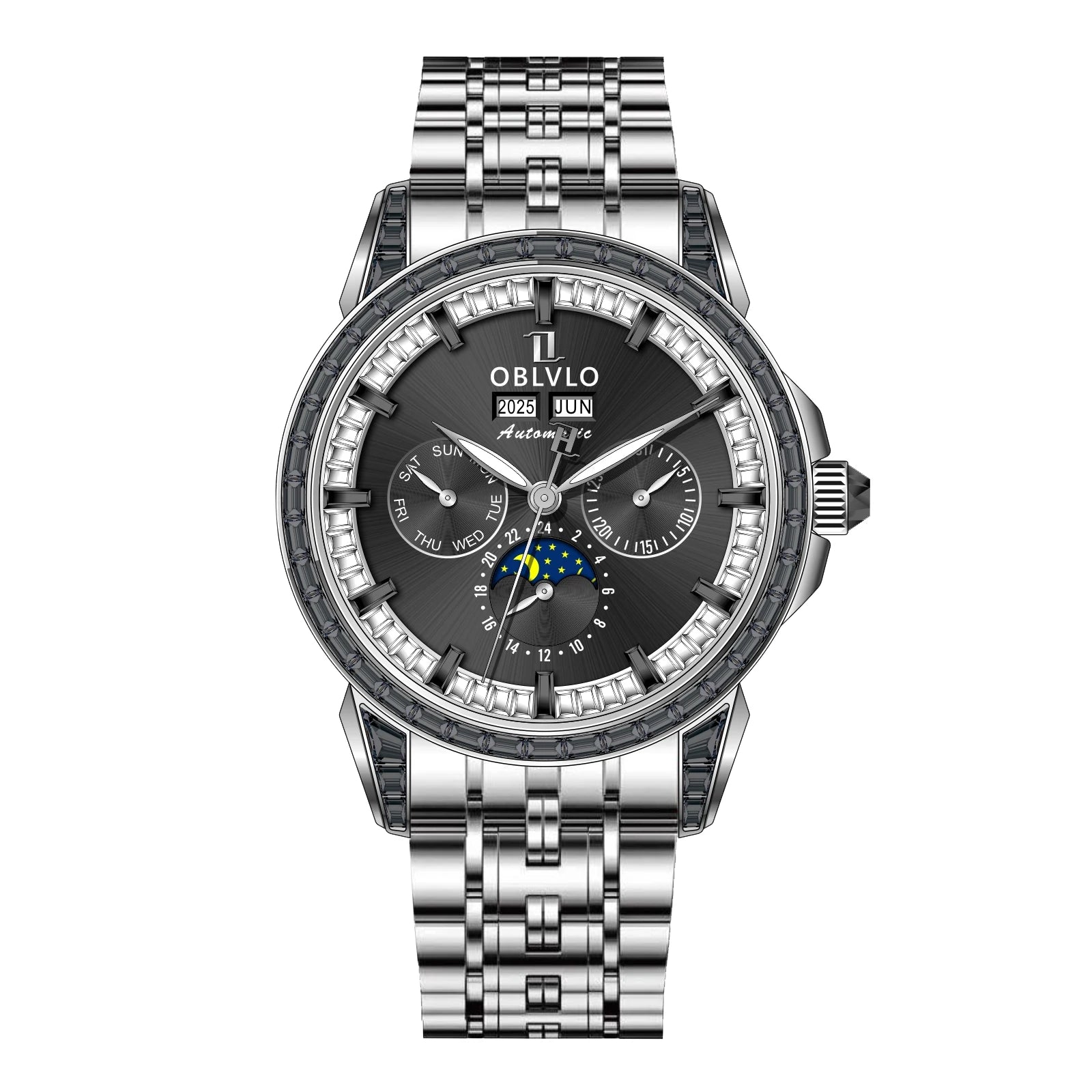 Moonphase Automatic Leather Strap Watch Complete Calendar — Red | KIMLUD
