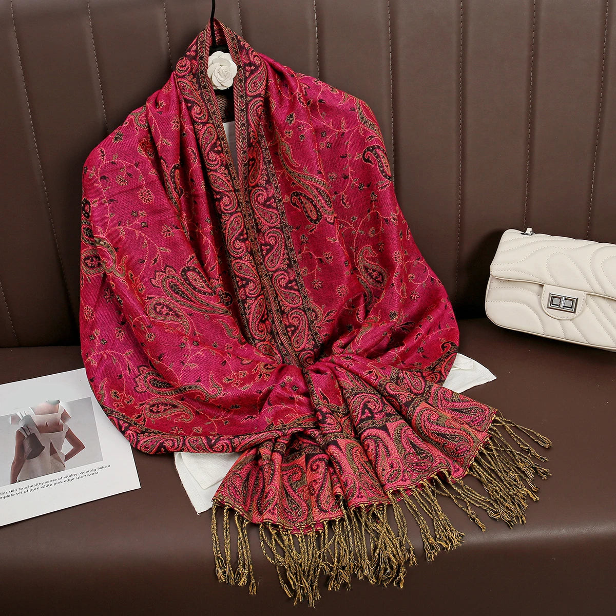 Cashmere Pashmina Shawl With Autumn Print Design, Olive Accents And Gold-Toned Fringe — Red | KIMLUD